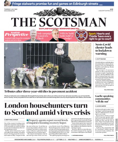 The Scotsman Newspaper Front Page for 2 July 2020