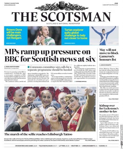 The Scotsman Newspaper Front Page for 2 August 2016