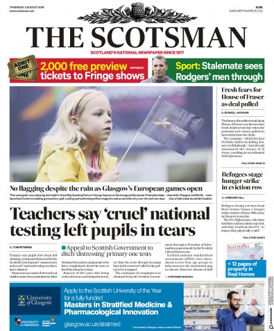 The Scotsman Newspaper Front Page for 2 August 2018