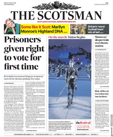 The Scotsman (UK) Newspaper Front Page for 2 August 2019