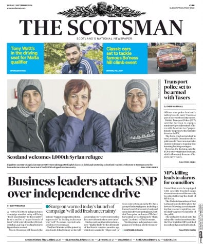 The Scotsman Newspaper Front Page for 2 September 2016