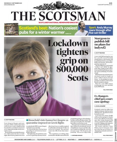 The Scotsman Newspaper Front Page for 2 September 2020