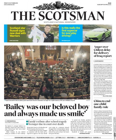 The Scotsman Newspaper Front Page for 30 October 2015