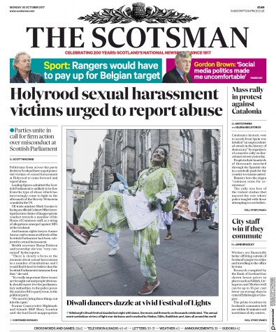 The Scotsman Newspaper Front Page for 30 October 2017