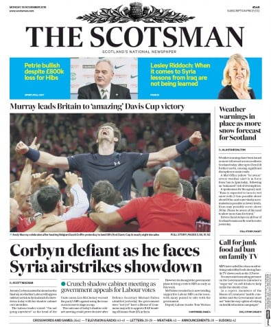 The Scotsman Newspaper Front Page for 30 November 2015