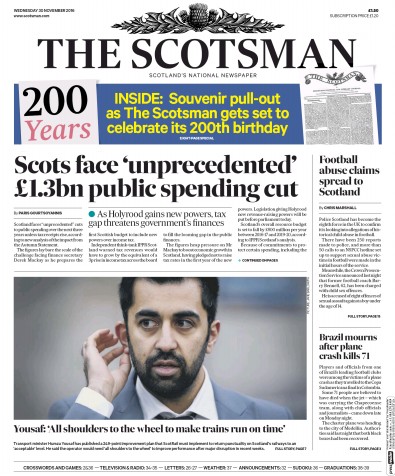 The Scotsman Newspaper Front Page for 30 November 2016
