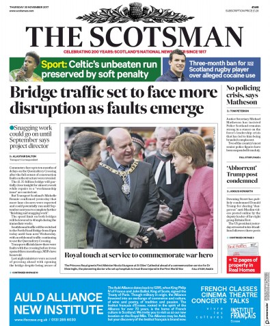 The Scotsman Newspaper Front Page for 30 November 2017