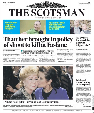 The Scotsman Newspaper Front Page for 30 December 2016