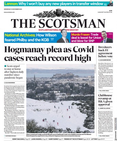 The Scotsman (UK) Newspaper Front Page for 30 December 2020