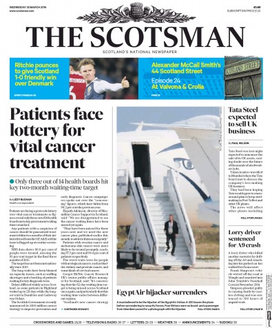 The Scotsman Newspaper Front Page for 30 March 2016
