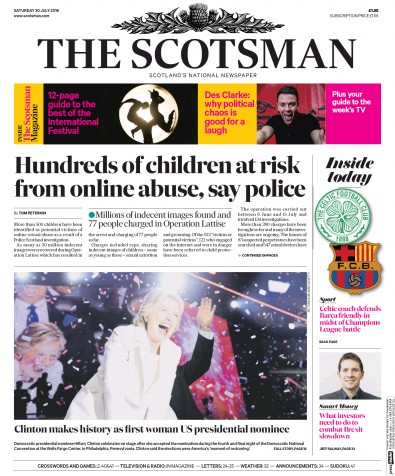 The Scotsman (UK) Newspaper Front Page for 30 July 2016