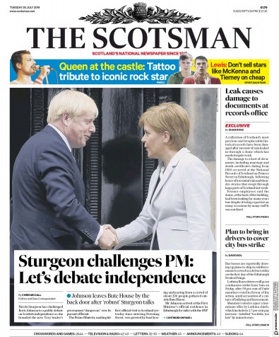 The Scotsman Newspaper Front Page for 30 July 2019