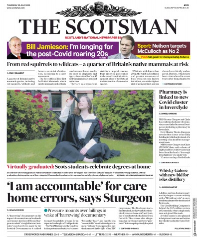 The Scotsman Newspaper Front Page for 30 July 2020