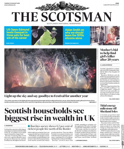 The Scotsman Newspaper Front Page for 30 August 2016