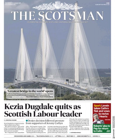 The Scotsman (UK) Newspaper Front Page for 30 August 2017