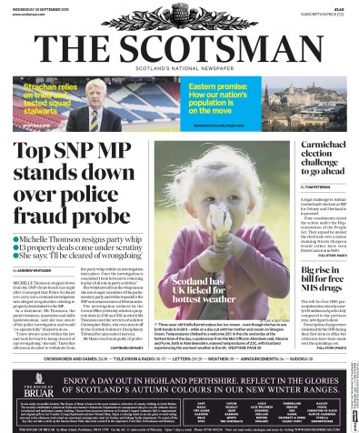The Scotsman Newspaper Front Page for 30 September 2015