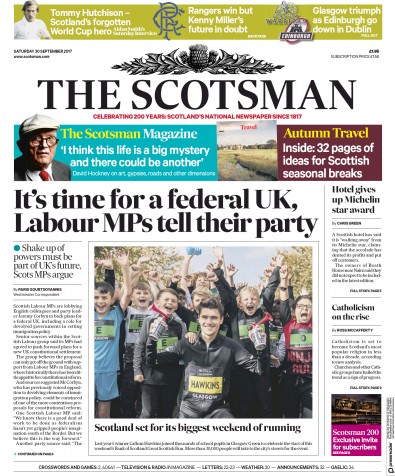 The Scotsman (UK) Newspaper Front Page for 30 September 2017