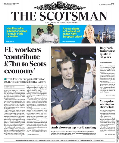 The Scotsman Newspaper Front Page for 31 October 2016