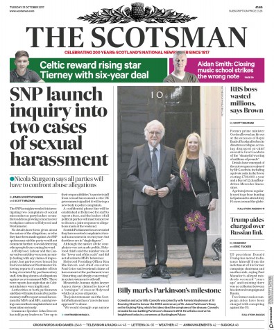 The Scotsman Newspaper Front Page for 31 October 2017