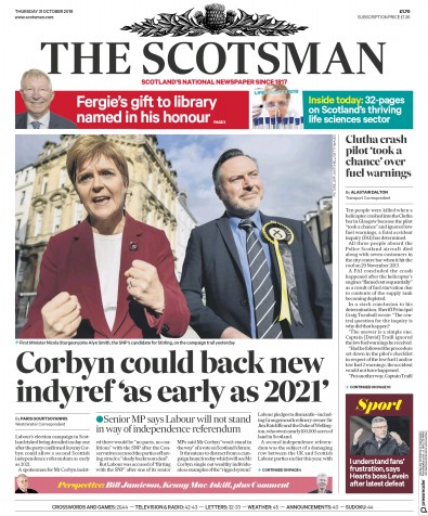 The Scotsman (UK) Newspaper Front Page for 31 October 2019