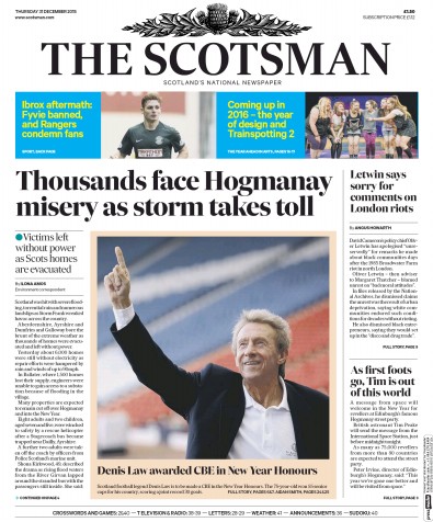 The Scotsman (UK) Newspaper Front Page for 31 December 2015