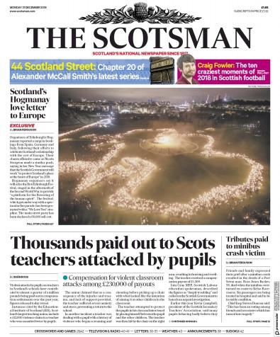 The Scotsman Newspaper Front Page for 31 December 2018