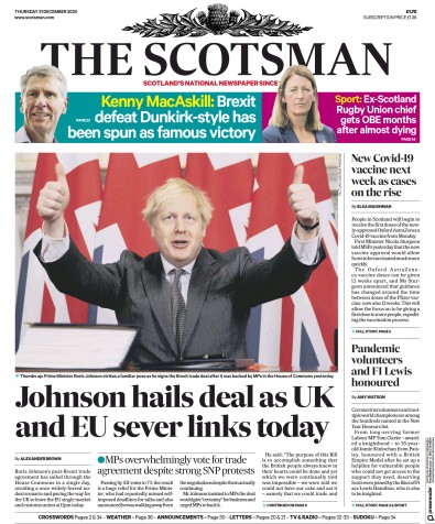 The Scotsman (UK) Newspaper Front Page for 31 December 2020