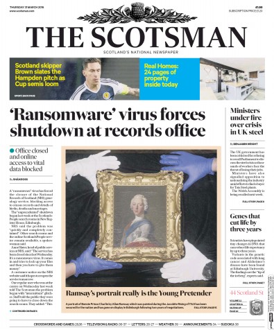 The Scotsman Newspaper Front Page for 31 March 2016
