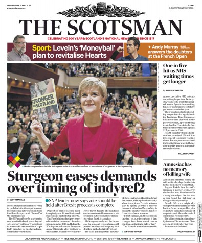 The Scotsman Newspaper Front Page for 31 May 2017
