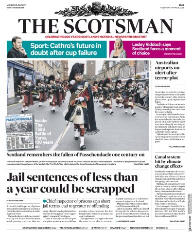 The Scotsman Newspaper Front Page for 31 July 2017