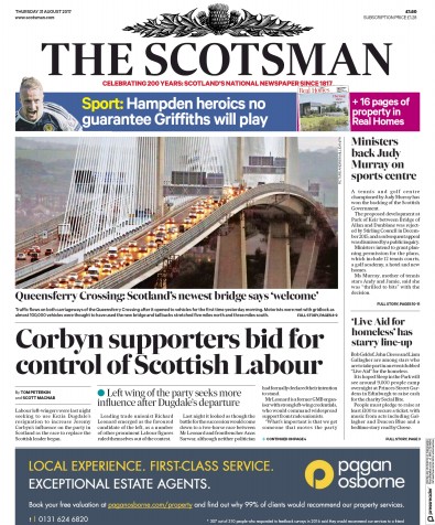 The Scotsman Newspaper Front Page for 31 August 2017