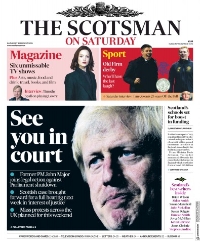 The Scotsman (UK) Newspaper Front Page for 31 August 2019