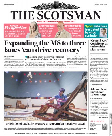 The Scotsman (UK) Newspaper Front Page for 31 August 2020