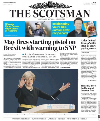 The Scotsman (UK) Newspaper Front Page for 3 October 2016