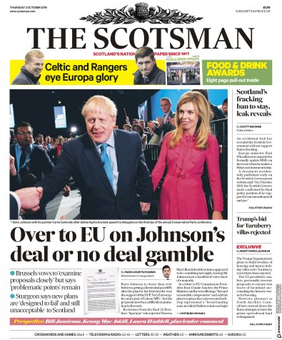 The Scotsman Newspaper Front Page for 3 October 2019