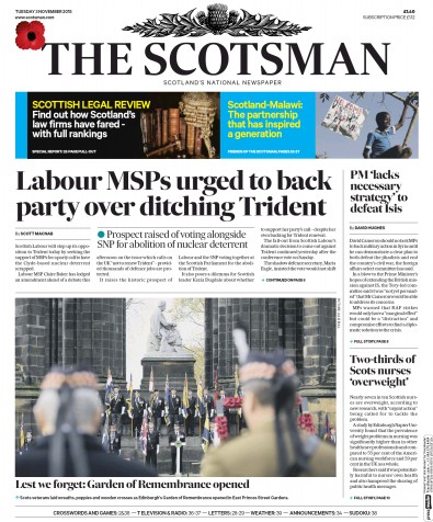 The Scotsman Newspaper Front Page for 3 November 2015