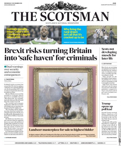 The Scotsman Newspaper Front Page for 3 November 2016