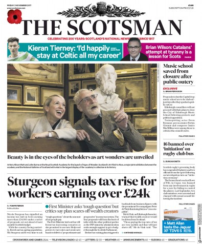 The Scotsman Newspaper Front Page for 3 November 2017