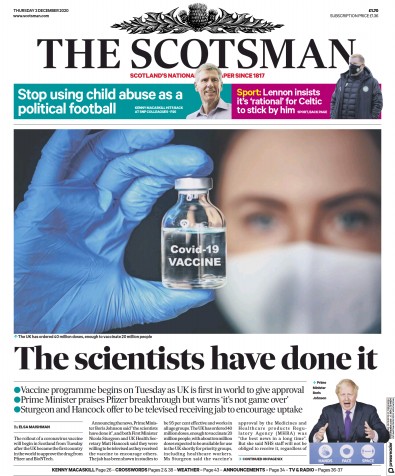 The Scotsman (UK) Newspaper Front Page for 3 December 2020