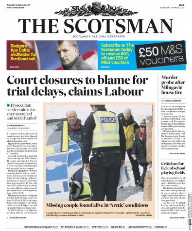 The Scotsman (UK) Newspaper Front Page for 3 January 2017
