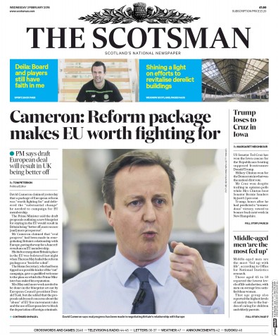 The Scotsman Newspaper Front Page for 3 February 2016