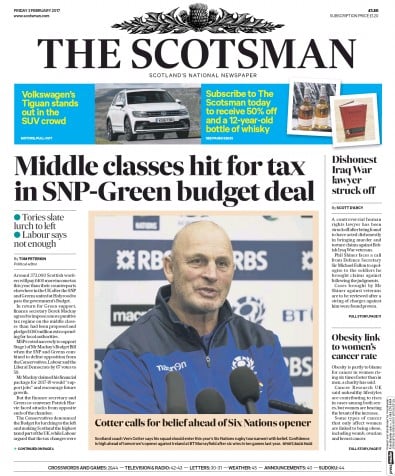The Scotsman Newspaper Front Page for 3 February 2017