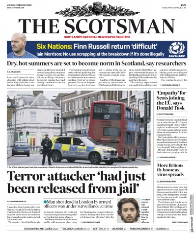 The Scotsman (UK) Newspaper Front Page for 3 February 2020