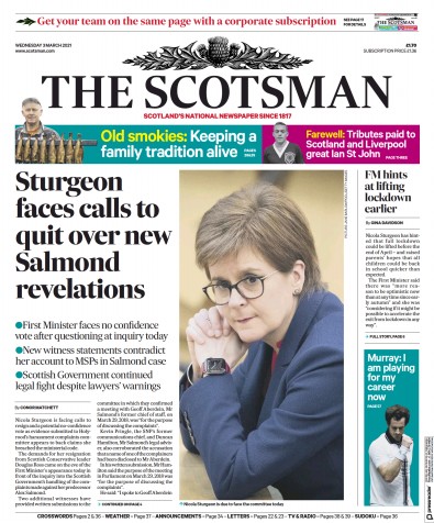 The Scotsman (UK) Newspaper Front Page for 3 March 2021