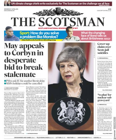 The Scotsman Newspaper Front Page for 3 April 2019