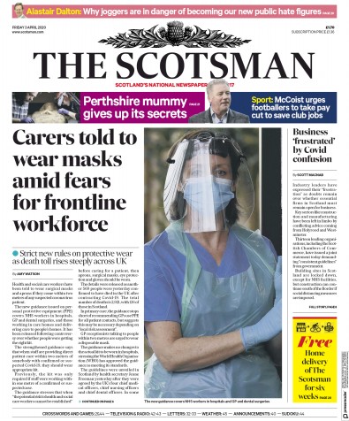 The Scotsman (UK) Newspaper Front Page for 3 April 2020