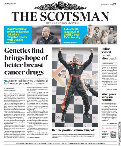 The Scotsman Newspaper Front Page for 3 May 2016