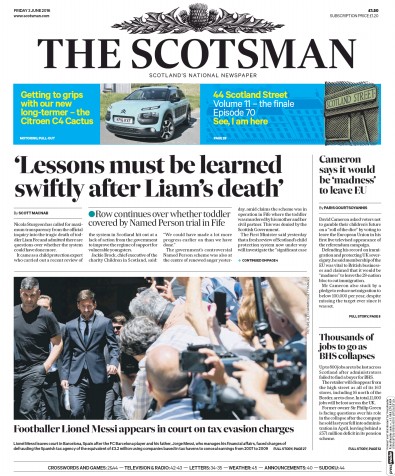 The Scotsman (UK) Newspaper Front Page for 3 June 2016