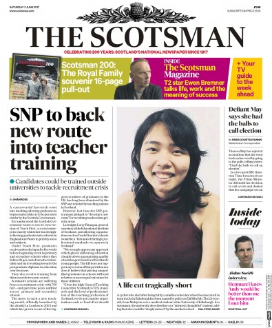 The Scotsman Newspaper Front Page for 3 June 2017
