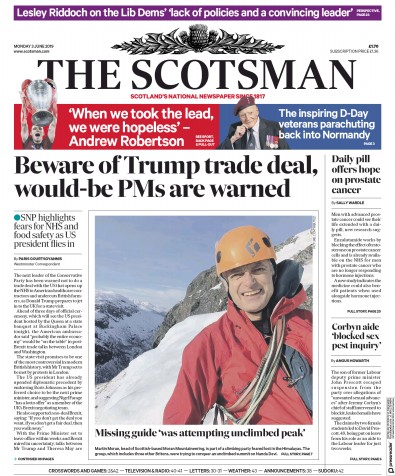 The Scotsman Newspaper Front Page for 3 June 2019